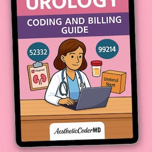 Op de afbeelding: Digitale illustratie op een tabletscherm getiteld "UROLOGIE CODING AND BILLING GUIDE". Het toont een dokter met een laptop, medische symbolen en de tekst "AestheticCoderMD."