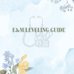 Könnte beinhalten: Hellblauer Aquarellhintergrund mit dem Text "E&M LEVELING GUIDE" in Dunkelgrün. Eine Stethoskop- und Geldgrafik befindet sich in der Mitte. Florale Akzente sind gelbe und blaue Blumen und weißes Schleierkraut.