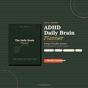 Puede incluir: Planificador diario digital imprimible para el TDAH. El diseño verde oscuro presenta el texto "The Daily Brain Planner" y "ADHD Daily Brain Planner". Incluye un sistema imprimible de 8 páginas diseñado para mentes con TDAH.