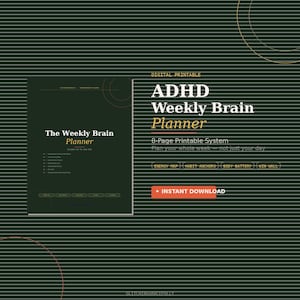 May include: Digital printable ADHD Weekly Brain Planner. The dark green design features the text "ADHD Weekly Brain Planner" and "The Weekly Brain Planner". Includes an "Instant Download" button and a list of features.