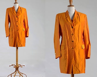 Pumpkin Silk Shantung Coat, 60s Silk Coat, Vintage Pumpkin Rraw Silk Dupioni,  Long Line Blazer, Pprincess Coat