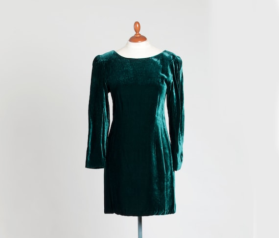 Retro 70s Dress , Beautiful Emerald Velvet Dress ,