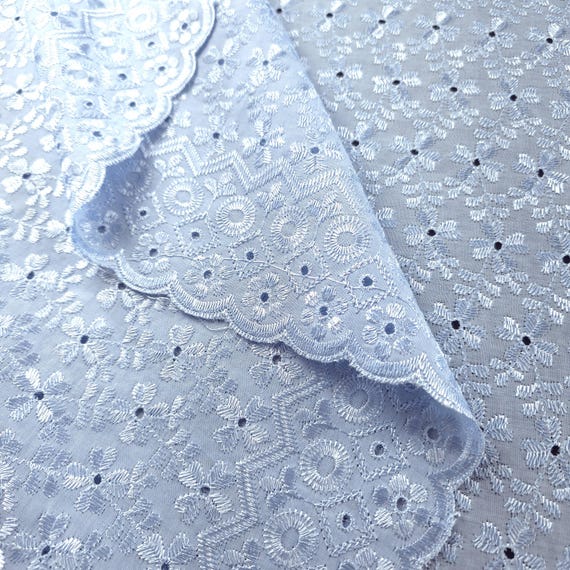 Baby Blue Polycotton Eyelet Fabric Embroidered Floral Scalloped 40" Wide By The Yard 190 GSM Pastel Blue Double Scallop Lace Apparel Textile