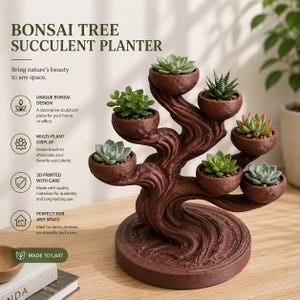 May include: A brown bonsai tree succulent planter with seven bowls, each holding a different succulent plant. The planter has a unique bonsai design and is 3D printed. Text on the image reads "BONSAI TREE SUCCULENT PLANTER" and "MADE TO LAST".