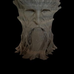 May include: A gray, tree-like sculpture of a face with a long beard and furrowed brow. The sculpture has a rough, textured surface and is set against a black background. The face has detailed features, including eyes, a nose, and a mouth.