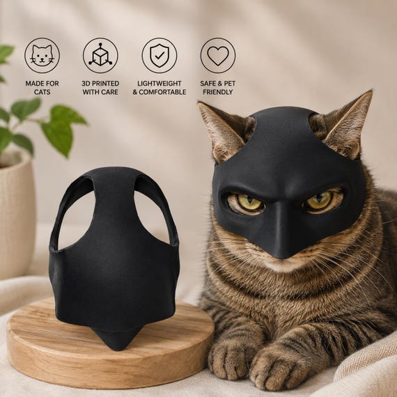 Cat Batman Mask | 3D Printed Pet Costume Mask | Funny Cat Costume Accessory | Lightweight Cat Cosplay | Pet Photo Prop