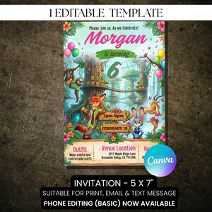 May include: A vibrant invitation template with the text "Morgan is turning 6". The design features cartoon characters, balloons, and a jungle scene. The invitation is 12.7 x 17.8 cm and suitable for print, email, and text message.