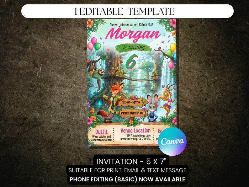 May include: A vibrant invitation template with the text "Morgan is turning 6". The design features cartoon characters, balloons, and a jungle scene. The invitation is 12.7 x 17.8 cm and suitable for print, email, and text message.