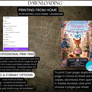 May include: A digital invitation for a sixth birthday party, featuring cartoon characters. The invitation includes the text "Join us to celebrate Harper Sixth Birthday" and details for the event. Instructions for printing are also included.