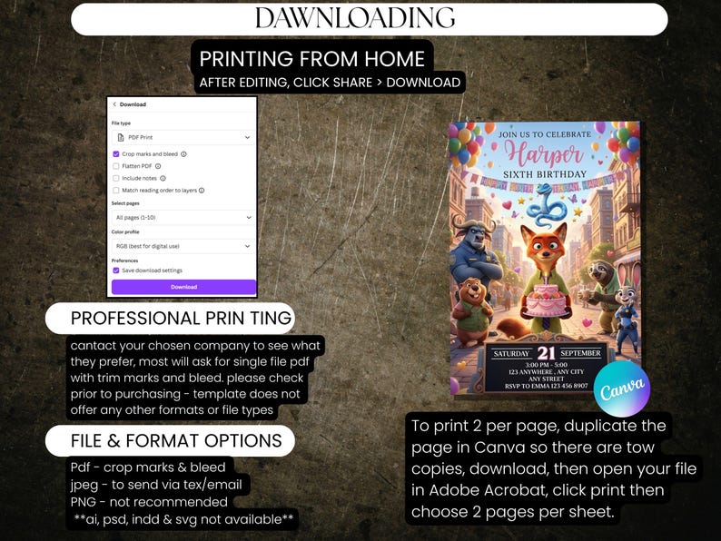 May include: A digital invitation for a sixth birthday party, featuring cartoon characters. The invitation includes the text "Join us to celebrate Harper Sixth Birthday" and details for the event. Instructions for printing are also included.