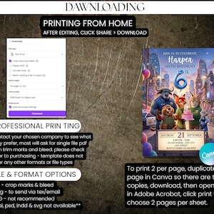 Op de afbeelding: Een digitale uitnodiging voor een zesde verjaardag, met personages uit een animatiefilm. De uitnodiging bevat de naam "Harper", evenementdetails en afdrukinstructies. Het ontwerp is tegen een stadslandschap achtergrond.