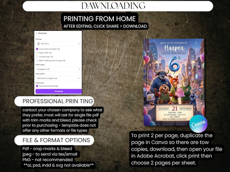 Op de afbeelding: Een digitale uitnodiging voor een zesde verjaardag, met personages uit een animatiefilm. De uitnodiging bevat de naam "Harper", evenementdetails en afdrukinstructies. Het ontwerp is tegen een stadslandschap achtergrond.