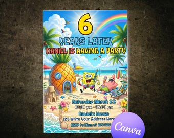 SpongeBob verjaardagsuitnodiging bewerkbare canva-sjabloon, bikinibroekje strandfeestuitnodiging, afdrukbare digitale download