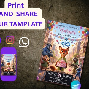 May include: A birthday party invitation featuring cartoon characters, balloons, and the text "Join us to celebrate Harper Sixth Birthday". The invitation includes event details and social media icons. The words "Print and Share Your Template" are also visible.