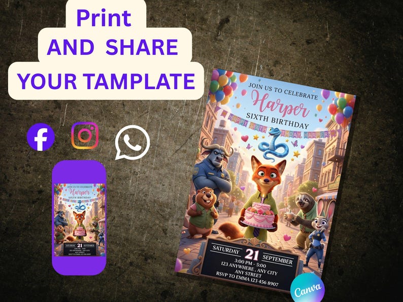 May include: A birthday party invitation featuring cartoon characters, balloons, and the text "Join us to celebrate Harper Sixth Birthday". The invitation includes event details and social media icons. The words "Print and Share Your Template" are also visible.