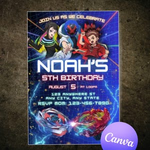 May include: A birthday invitation with a blue background and anime-style characters. The invitation reads "NOAH'S 5TH BIRTHDAY" with the date and time. Two spinning tops are featured at the bottom. The Canva logo is in the bottom right corner.