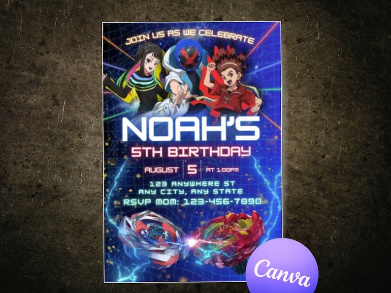 May include: A birthday invitation with a blue background and anime-style characters. The invitation reads "NOAH'S 5TH BIRTHDAY" with the date and time. Two spinning tops are featured at the bottom. The Canva logo is in the bottom right corner.