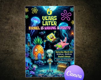 SpongeBob verjaardagsuitnodiging bewerkbare canva-sjabloon, onderwater bikinibroekje feestuitnodiging, afdrukbare digitale download