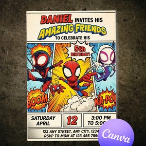 May include: A comic book-style birthday invitation featuring Spider-Man characters. The invitation reads "Daniel invites his amazing friends to celebrate his 5th birthday!" with "Boom" and "Ka-Pow" sound effects. Includes date, time, and address.