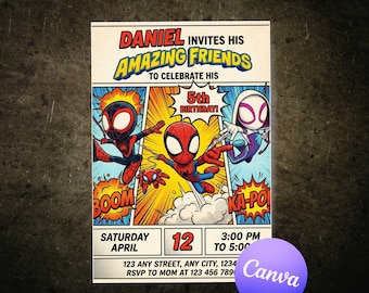 Spidey Comic Birthday Invitation Template Editable Canva Superhero Kids Party Invite Boys Birthday Printable Digital Download
