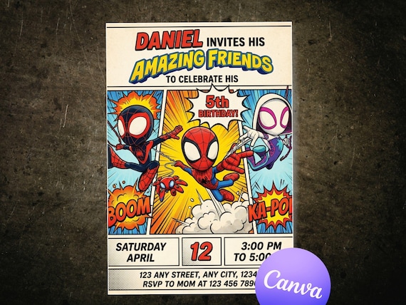 Spidey Comic Birthday Invitation Template Editable Canva Superhero Kids Party Invite Boys Birthday Printable Digital Download