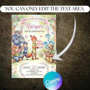 May include: A whimsical birthday invitation featuring cartoon animal characters. The invitation reads "Join us to celebrate Harper sixth birthday!" with event details. The design includes a forest backdrop, butterflies, and a cake.