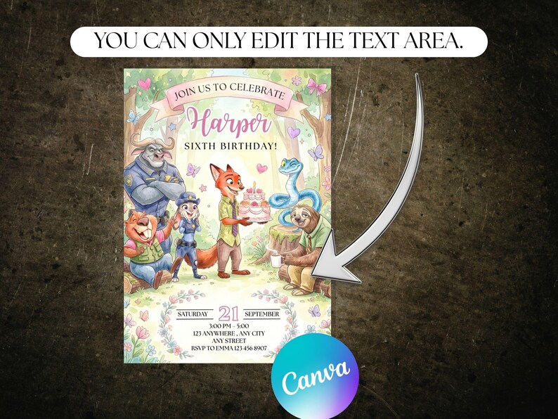 May include: A whimsical birthday invitation featuring cartoon animal characters. The invitation reads "Join us to celebrate Harper sixth birthday!" with event details. The design includes a forest backdrop, butterflies, and a cake.