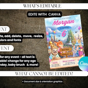 Może przedstawiać: Cyfrowe zaproszenie z napisem "Morgan kończy 6 lat". Zaproszenie zawiera postacie z kresk&oacute;wek i tekst "Edit with Canva". Dodatkowy tekst to "edytuj, dodaj, usuń, przenieś, zmień rozmiar, kolory i czcionki."