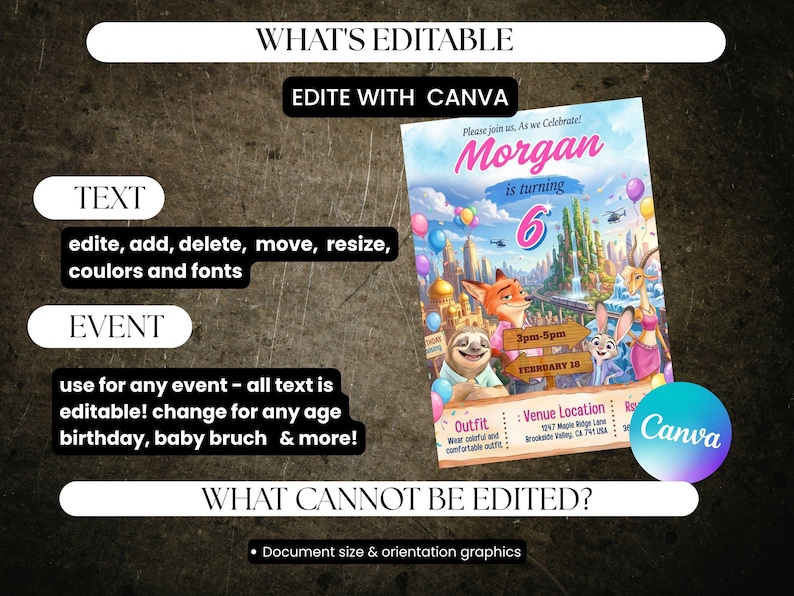 Może przedstawiać: Cyfrowe zaproszenie z napisem "Morgan kończy 6 lat". Zaproszenie zawiera postacie z kresk&oacute;wek i tekst "Edit with Canva". Dodatkowy tekst to "edytuj, dodaj, usuń, przenieś, zmień rozmiar, kolory i czcionki."