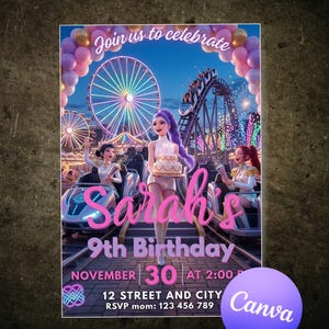 Puede incluir: Invitación digital para el 9º cumpleaños de Sarah, con una vibrante escena de parque de atracciones con una noria y una montaña rusa. La invitación incluye el texto "Join us to celebrate", fecha, hora, lugar e información de confirmación.