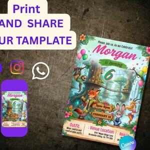 May include: A colourful birthday invitation with the text "Morgan is turning 6". The design includes cartoon characters, balloons, and floral decorations. The invitation also displays the date, time, and venue details.