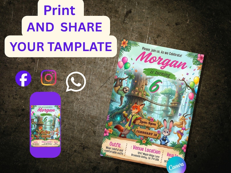 May include: A colourful birthday invitation with the text "Morgan is turning 6". The design includes cartoon characters, balloons, and floral decorations. The invitation also displays the date, time, and venue details.