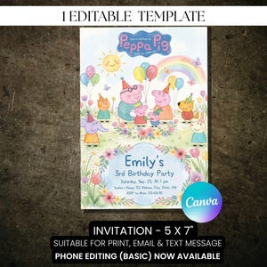 May include: A colorful invitation for a 3rd birthday party featuring Peppa Pig characters. The invitation includes the text "Emily's 3rd Birthday Party" and details such as the date, time, and RSVP information. The invitation is 5 x 7 inches.