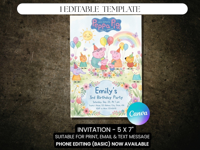 May include: A colorful invitation for a 3rd birthday party featuring Peppa Pig characters. The invitation includes the text "Emily's 3rd Birthday Party" and details such as the date, time, and RSVP information. The invitation is 5 x 7 inches.
