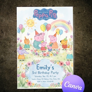 May include: A colorful birthday party invitation featuring Peppa Pig characters. The invitation includes a rainbow, balloons, and flowers. The text reads "Emily's 3rd Birthday Party" with date, time, and location details. The Canva logo is in the bottom right corner.