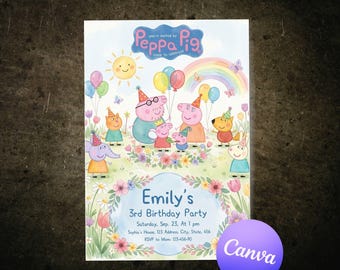 Peppa Pig bloemen verjaardagsuitnodiging bewerkbare canvassjabloon pastel regenboog feestuitnodiging afdrukbare digitale download