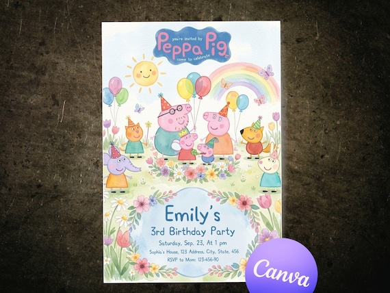 Peppa Pig Floral Birthday Invitation Editable Canva Template Pastel Rainbow Party Invite Printable Digital Download