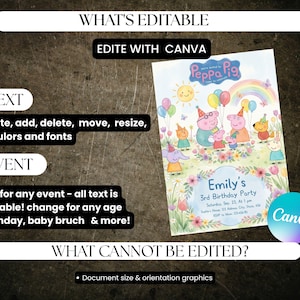 May include: A colorful invitation featuring Peppa Pig characters, balloons, and a rainbow. The invitation is for Emily's 3rd Birthday Party. Text on the image states that the text, colors, and fonts are editable with Canva.