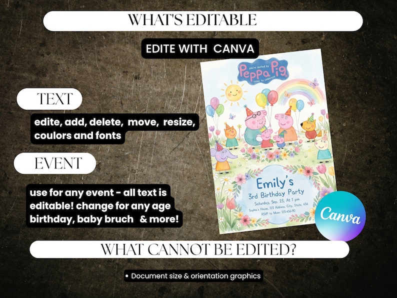 May include: A colorful invitation featuring Peppa Pig characters, balloons, and a rainbow. The invitation is for Emily's 3rd Birthday Party. Text on the image states that the text, colors, and fonts are editable with Canva.