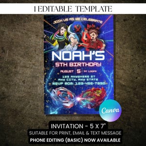 May include: A blue birthday invitation with the text "NOAH'S 5TH BIRTHDAY" and the date August 5. The invitation features cartoon characters and two spinning tops. The invitation is 5 x 7 inches.