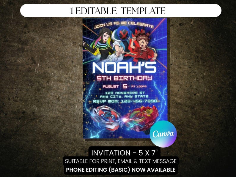 May include: A blue birthday invitation with the text "NOAH'S 5TH BIRTHDAY" and the date August 5. The invitation features cartoon characters and two spinning tops. The invitation is 5 x 7 inches.