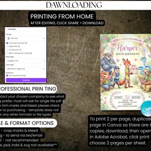 May include: A birthday invitation with watercolor illustrations of woodland animals. The invitation includes the text "Join us to celebrate Harper Sixth Birthday!" and instructions for printing. The Canva logo is visible.