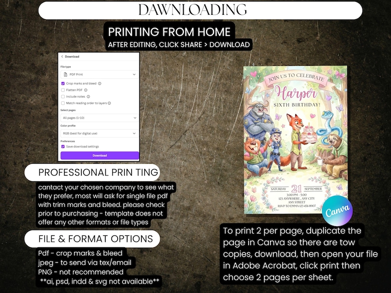 May include: A birthday invitation with watercolor illustrations of woodland animals. The invitation includes the text "Join us to celebrate Harper Sixth Birthday!" and instructions for printing. The Canva logo is visible.