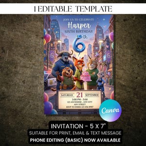 Op de afbeelding: Een kleurrijke verjaardagsuitnodiging met stripfiguren. De tekst "Doe mee om Harper's zesde verjaardag te vieren" is opgenomen. De uitnodiging is 12,7 cm x 17,8 cm groot en bevat evenementdetails.