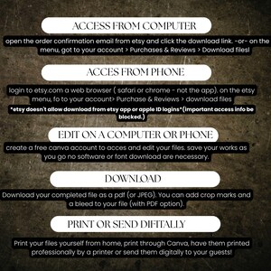 May include: A dark, textured background with white and black text instructions. The text provides guidance on accessing, editing, and downloading files from Etsy, including details on computer and phone access, and printing options.