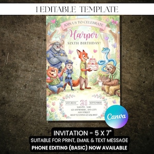 May include: A colorful invitation template with the text "Join us to Celebrate Harper Sixth Birthday!" featuring cartoon characters. The invitation is 5 x 7 inches and suitable for print, email, and text message. Phone editing is available.