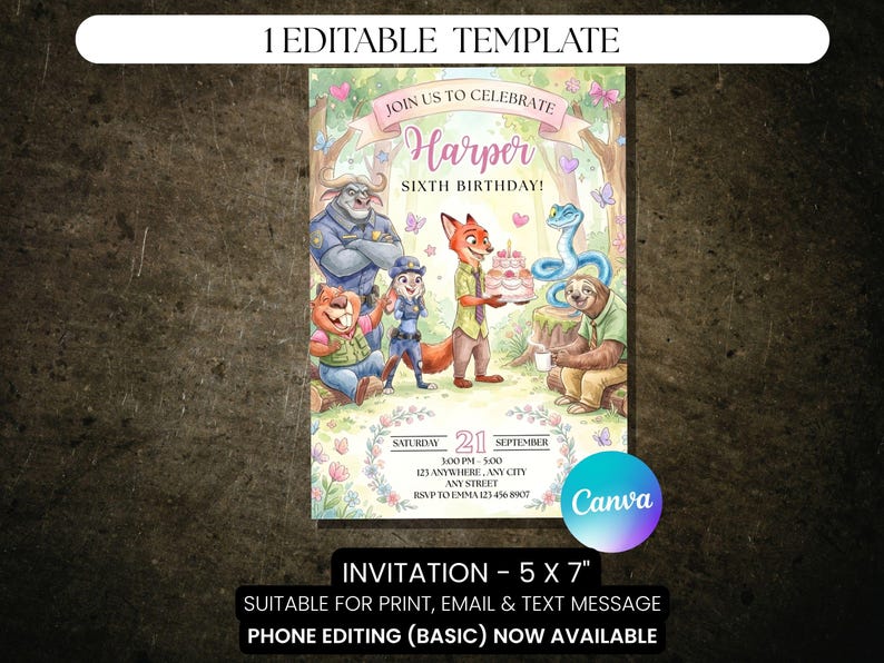 May include: A colorful invitation template with the text "Join us to Celebrate Harper Sixth Birthday!" featuring cartoon characters. The invitation is 5 x 7 inches and suitable for print, email, and text message. Phone editing is available.