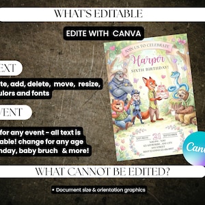 May include: A customizable birthday invitation featuring a watercolor illustration of animal characters. The invitation includes the text "Join us to celebrate Harper Sixth Birthday!" and details for the event. The design is editable with Canva.