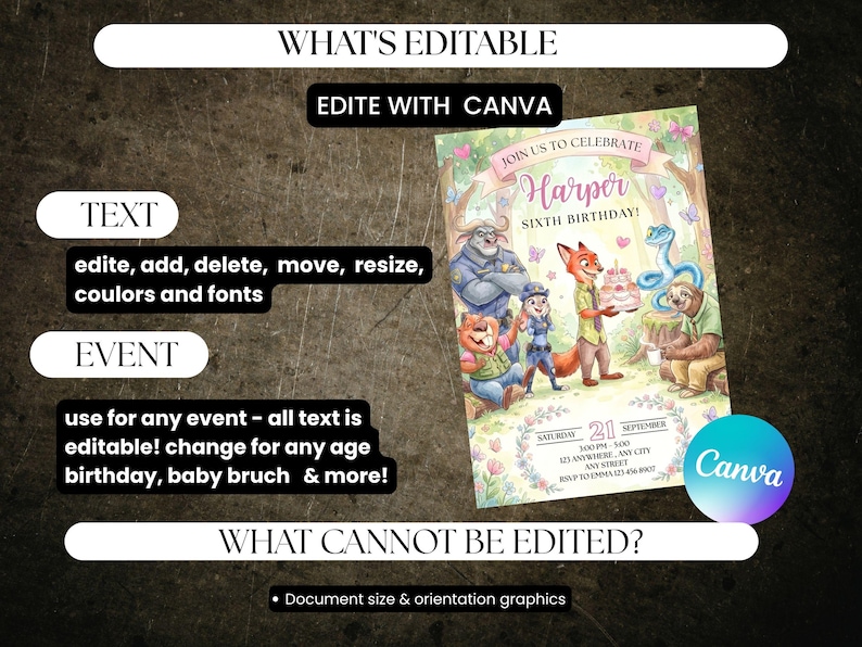 May include: A customizable birthday invitation featuring a watercolor illustration of animal characters. The invitation includes the text "Join us to celebrate Harper Sixth Birthday!" and details for the event. The design is editable with Canva.