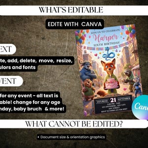 May include: A colorful birthday invitation featuring characters from a popular animated movie. The invitation includes the text "Join us to celebrate Harper Sixth Birthday" and event details. The design is editable with Canva.